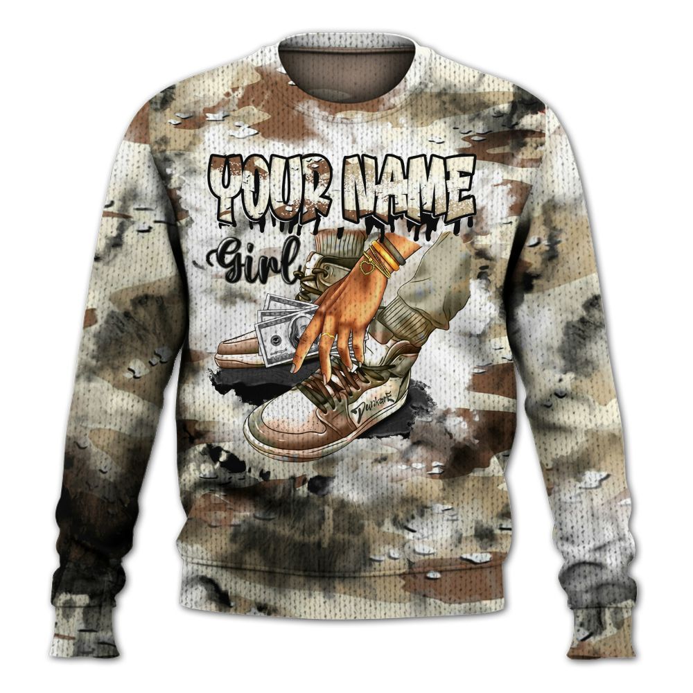 Knitted Sweater To Match Desert Camo 3s, Custom Name SNEAKER Girl Money Drip Tie Dye