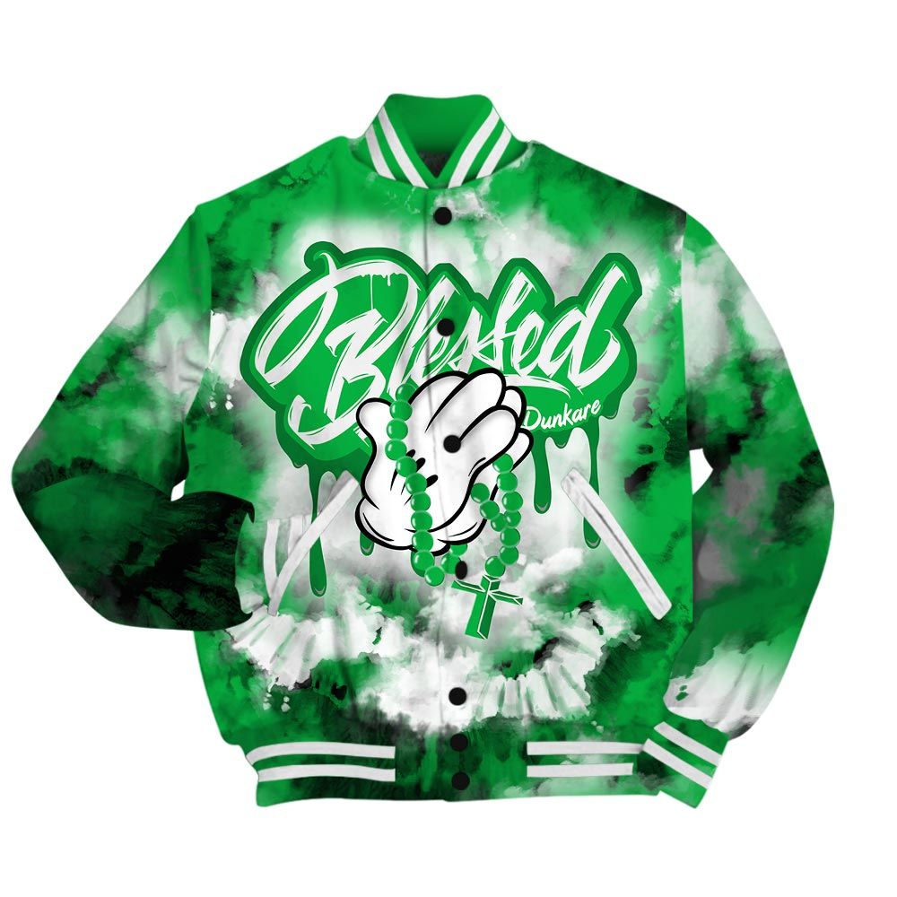 Varsity Jacket To Match Varsity Streetwear God Blessed Drip Tie Dye, Lucky Green 5s T-Shirt, To Match Sneaker Lucky Green 5s Baseball Varsity Jacket 1704 NCT