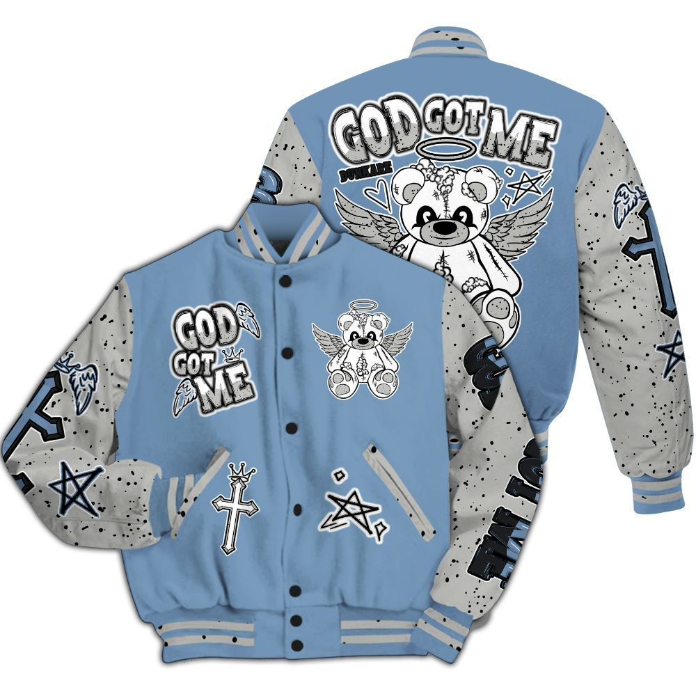Varsity Jacket To Match University Blue 4s - Gods Guides Me Bear All Over Print