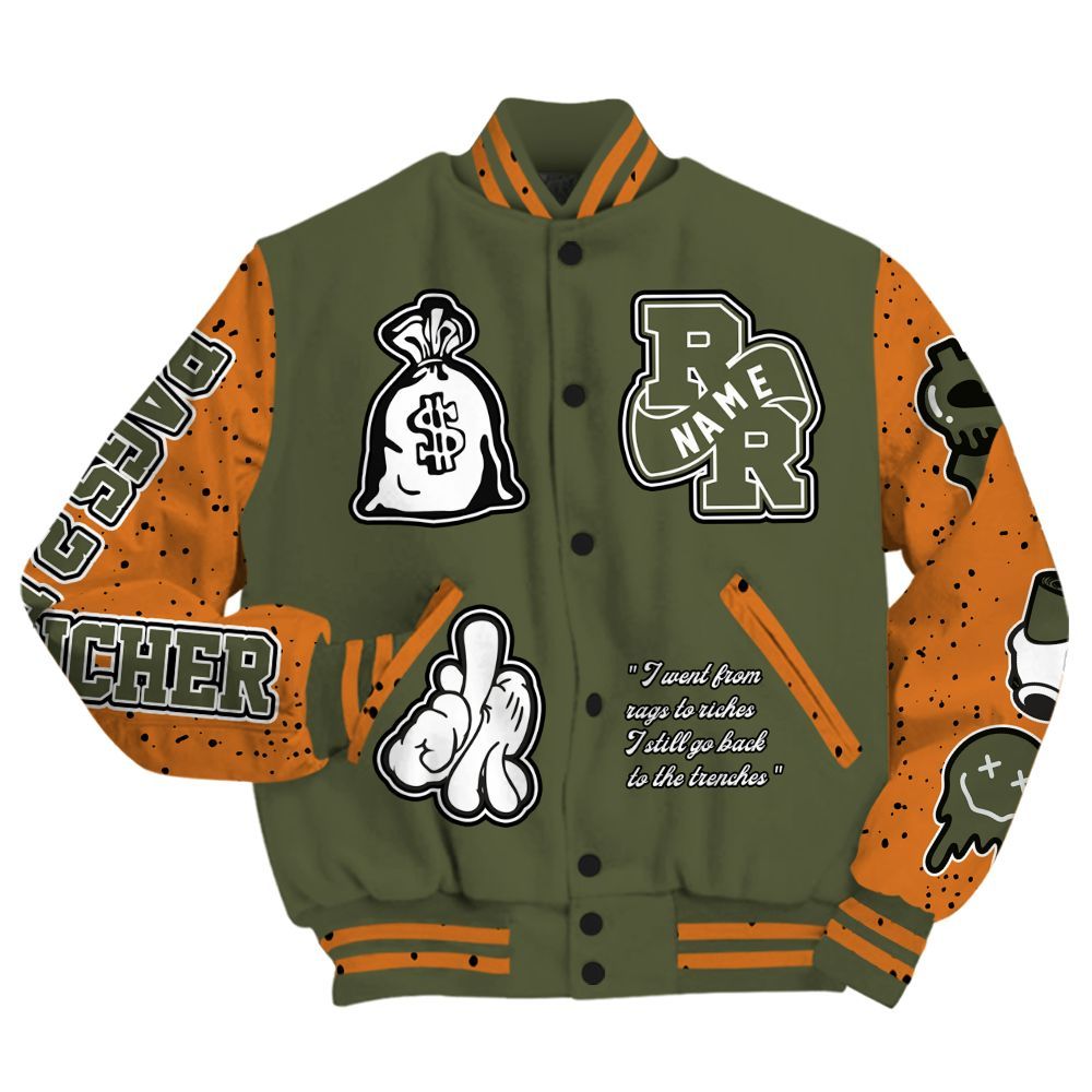 Varsity Jacket To Match Olive 5s - Rag 2 Rich Graphic Custom Name All Over Print