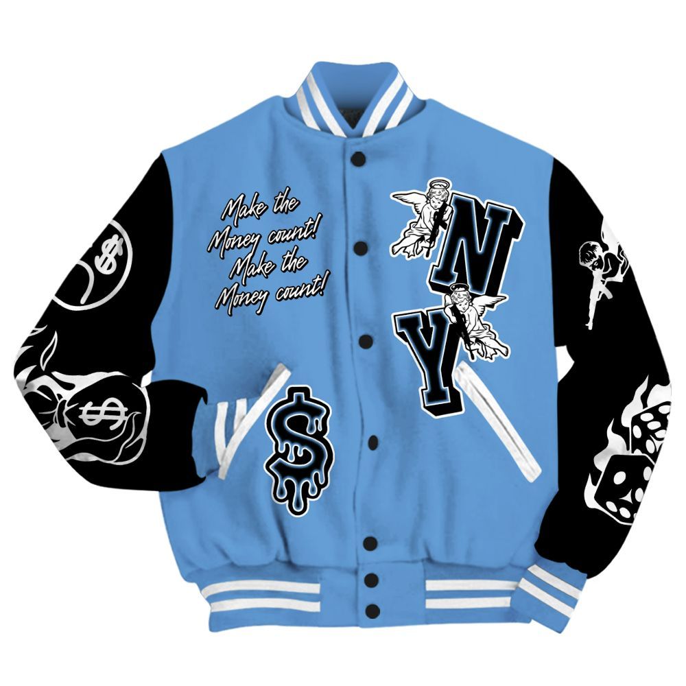 Varsity Jacket To Match Black University Blue 5s - Paid In Full Money Graphic Varsity Jacket All Over Print
