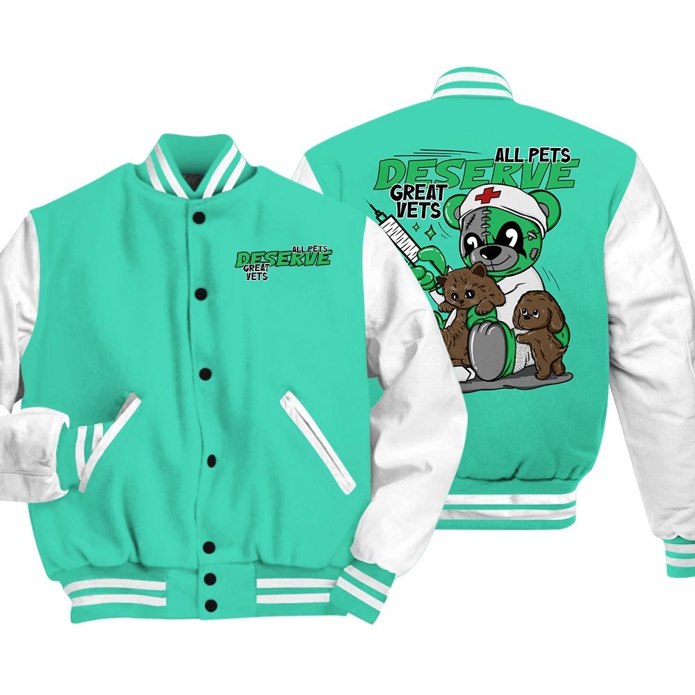 Varsity Jacket To Match Black Green Glow 3s Vasity Jacket - All Pets Deserve Great Vets Bear Vasity Jacket Unisex