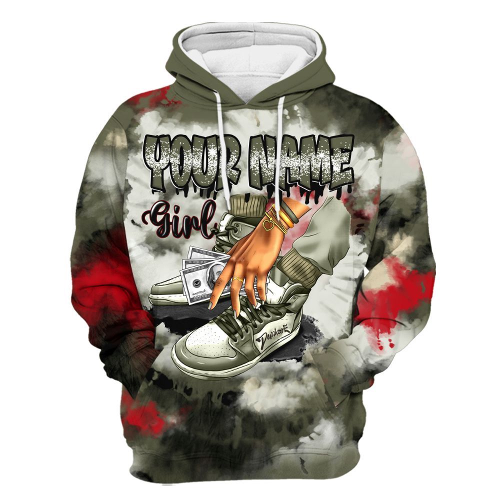 Hoodie To Match Low OG Medium Olive 1s Varsity Jacket, Custom Name SNEAKER Girl Money Drip Tie Dye All Over Print