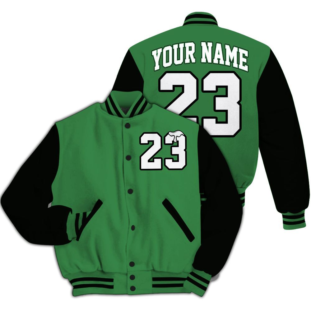 Varsity Jacket To Match Lucky Green 1s - Custom Name Number 23 Drip All Over Print