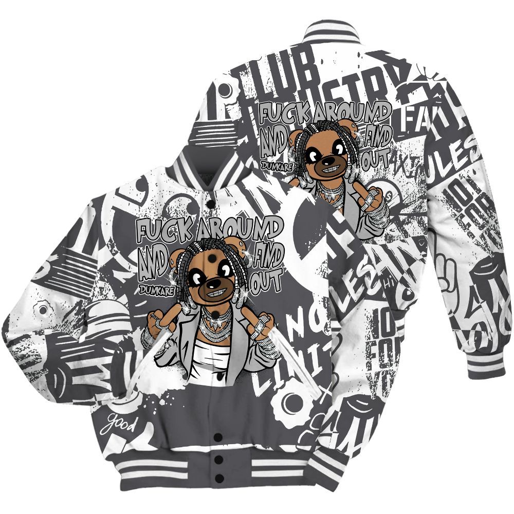 Varsity Jacket To Match White Thunder 4s Shirt - F#ck Around Bear Bear Monogram Graffiti All Over Print