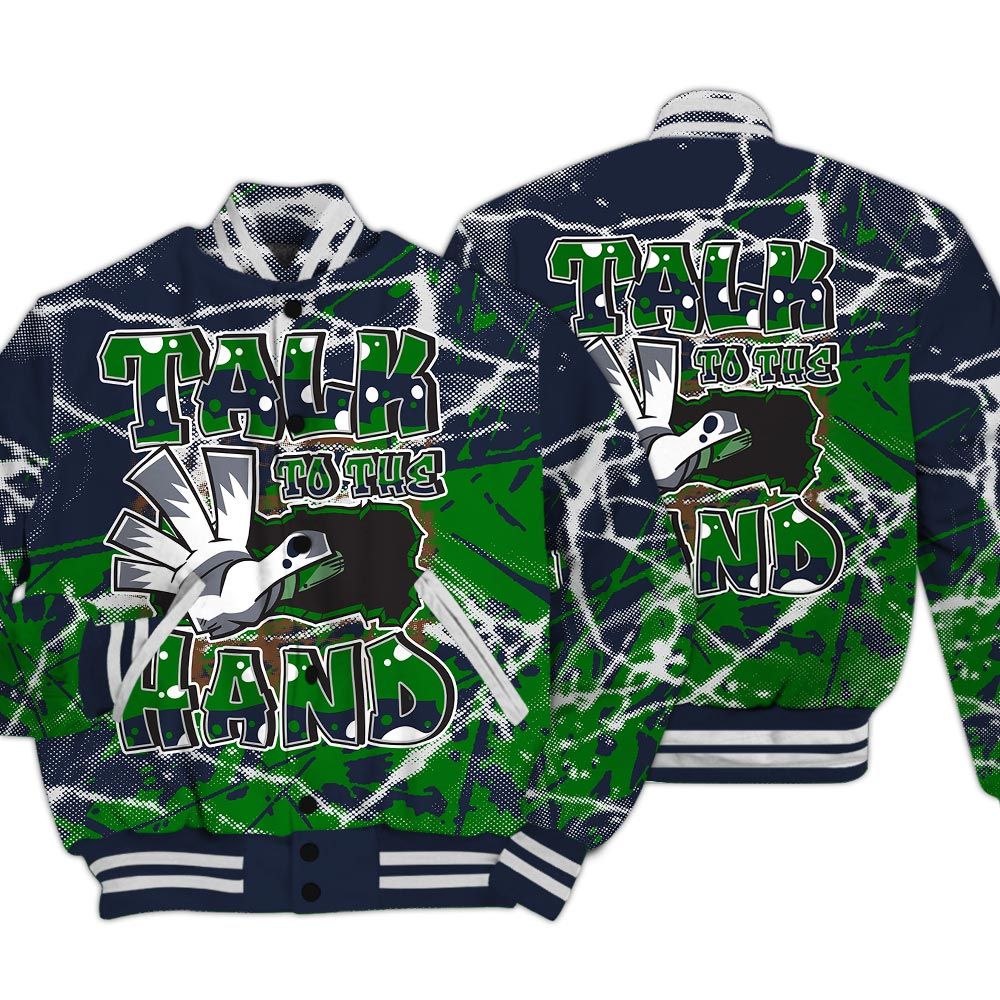 Varsity Jacket To Match Midnight Navy 13s - Talk To Hand Profound Graphic Varsity Jacket Unisex