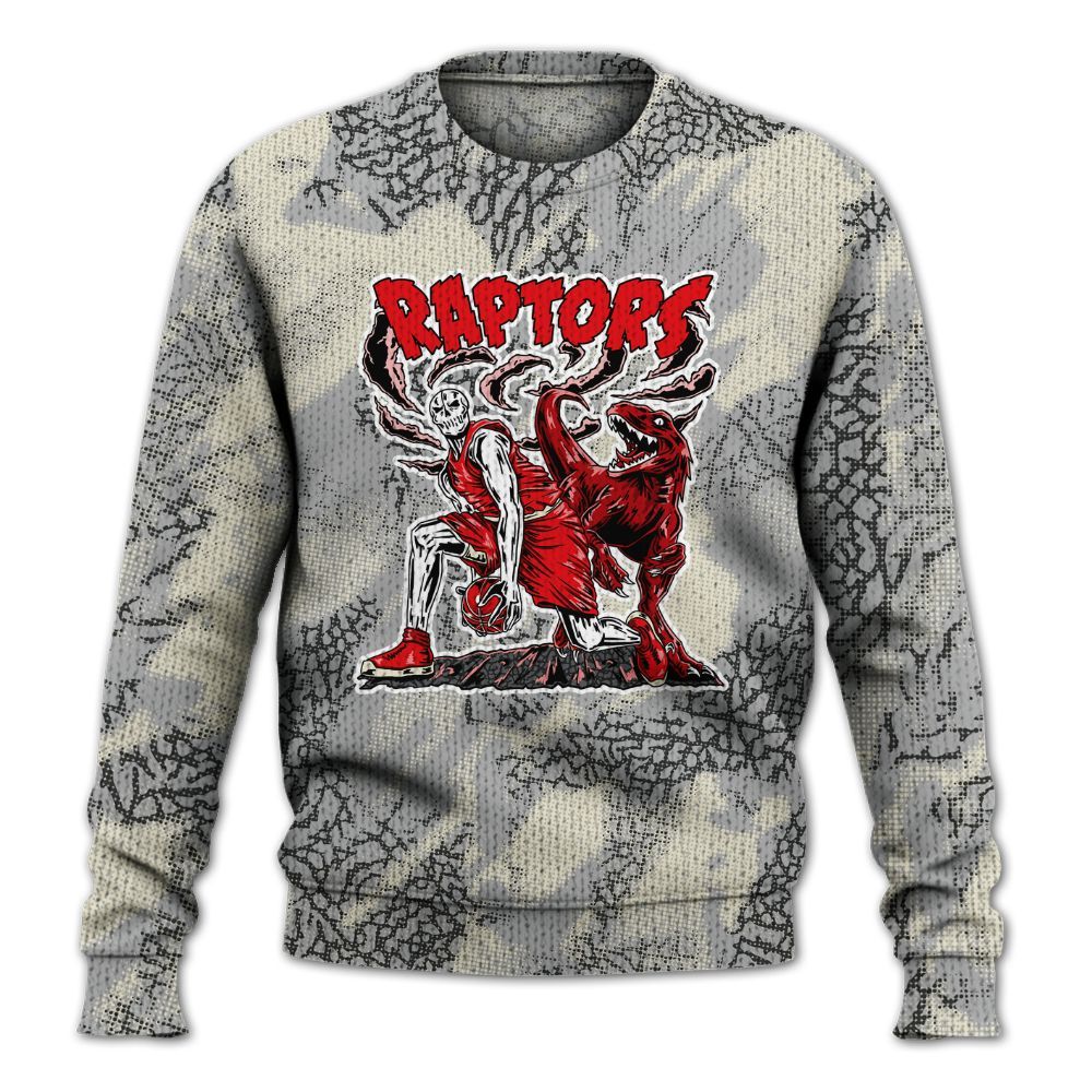 Knitted Sweater To Match Cement Grey 3s - Raptors Skeleton Abstract Halftone