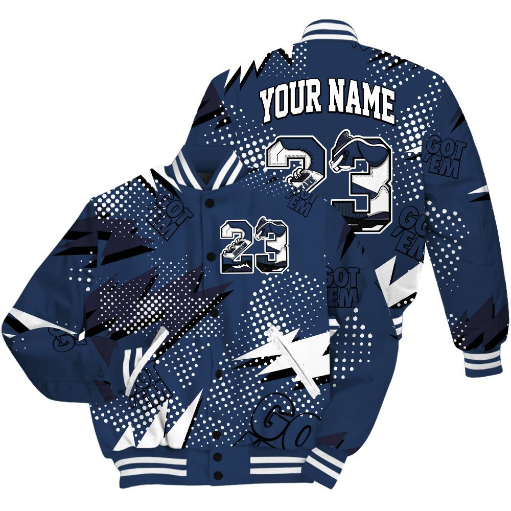 Varsity Jacket To Match Low 85 Metallic Blue 1s Shirt, Custom Name Number 23 5s All Over Print