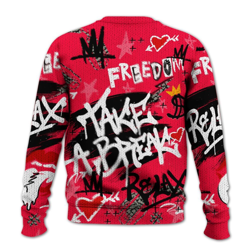 Knitted Sweater To Match Retro Fire Red 3s - Take Break Freedom Graffiti Streetwear