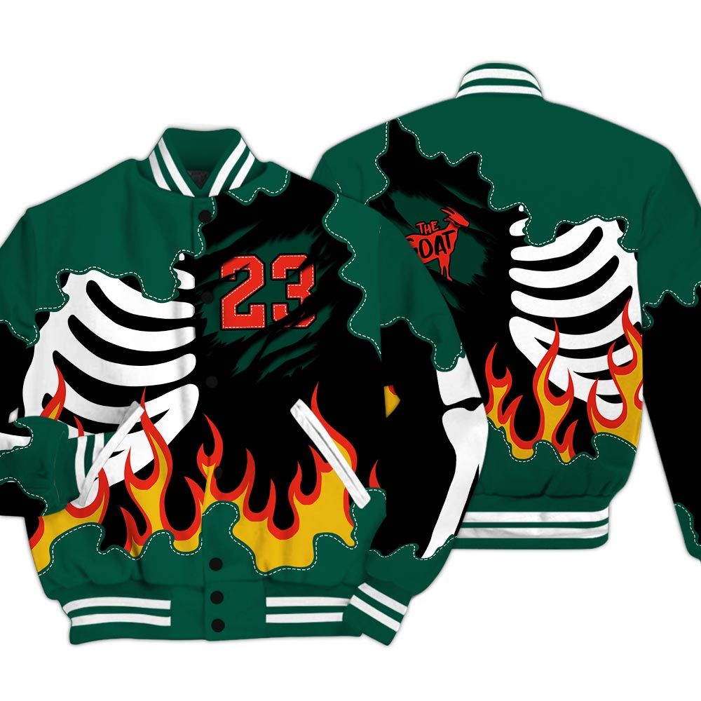 Varsity Jacket To Match Oxidized Green 4s - Burning Skeleton 23 G.O.A.T Baseball Varsity Jacket Outfit