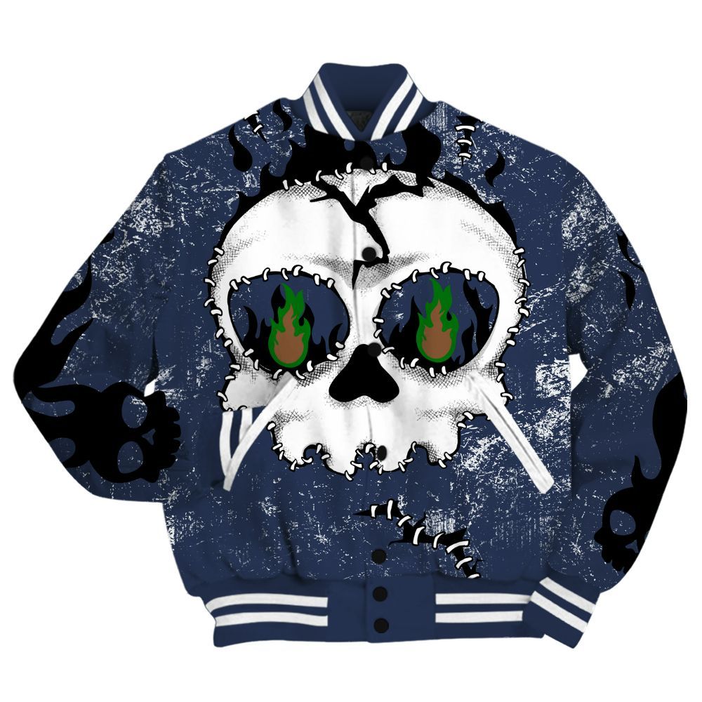 Varsity Jacket To Match Midnight Navy 13s Shirt, Cracked Skull Stitches All Over Print