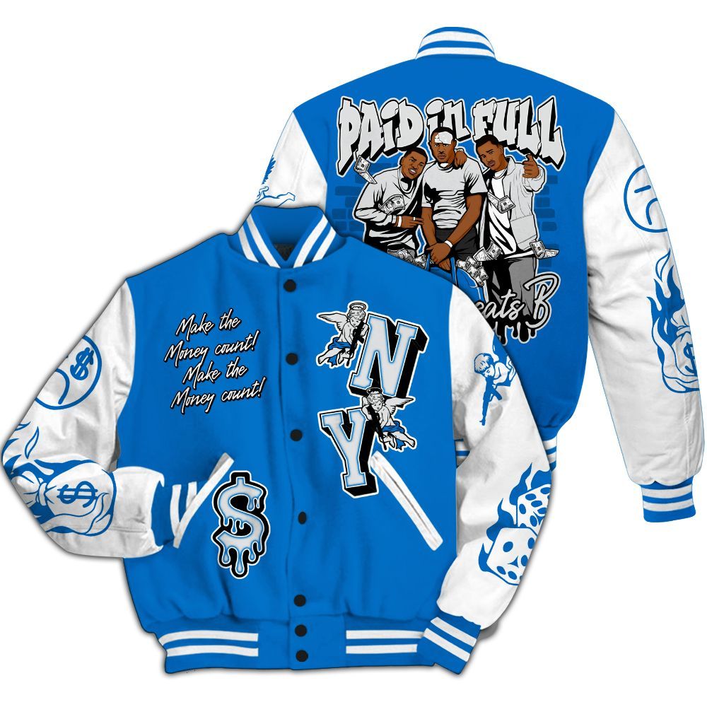 Varsity Jacket To Match Blueberry 12s - Paid In Full Money All Over Print