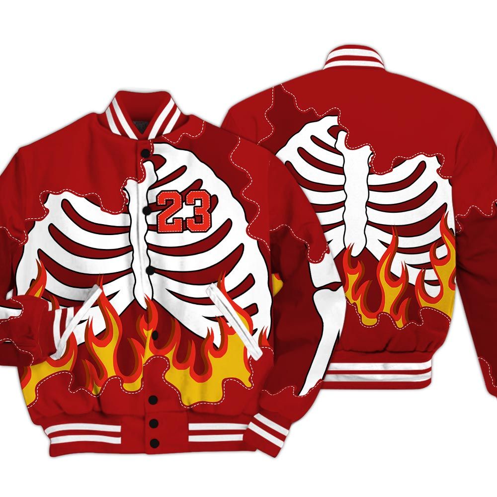 Varsity Jacket To Match Red Taxi 12s - Number 23 Skeleton Flame Varsity Jacket Red Taxi 12s Outfit