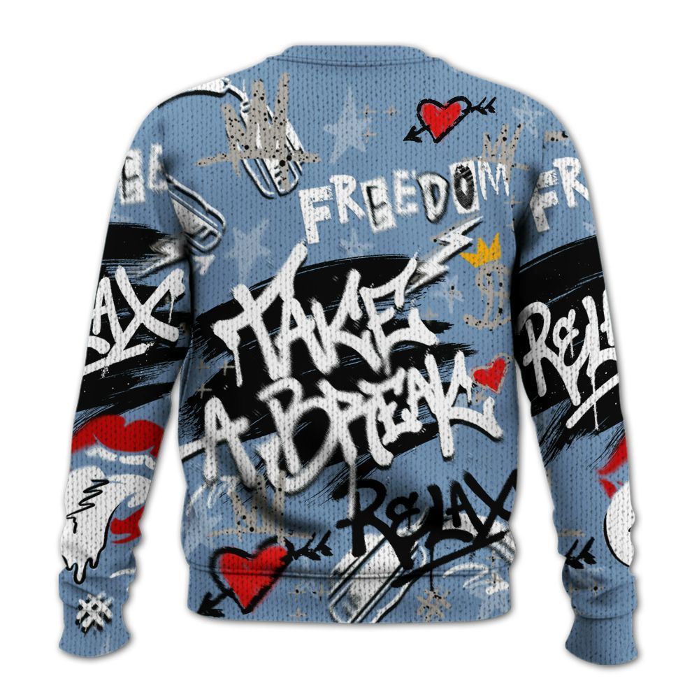 Knitted Sweater To Match University Blue 4s - Take Break Freedom Graffiti Streetwear