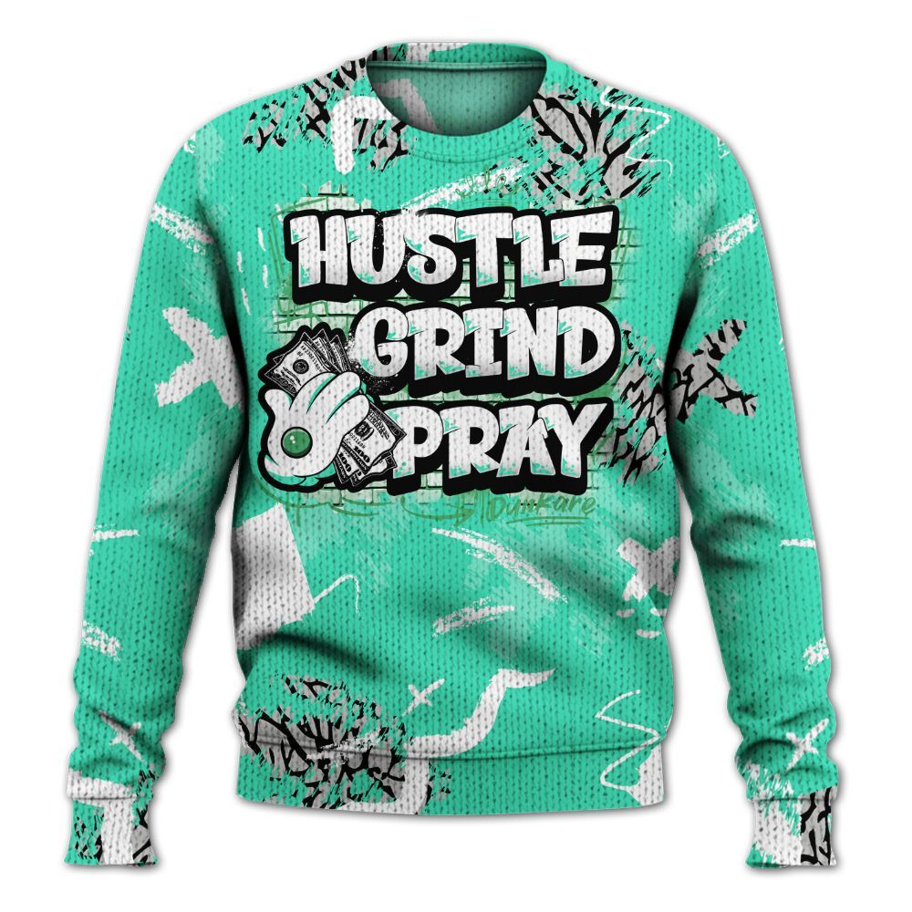 Knitted Sweater To Match Black Green Glow 3s - Hustle Grind Pray Retro Green Glow 3s Outfit