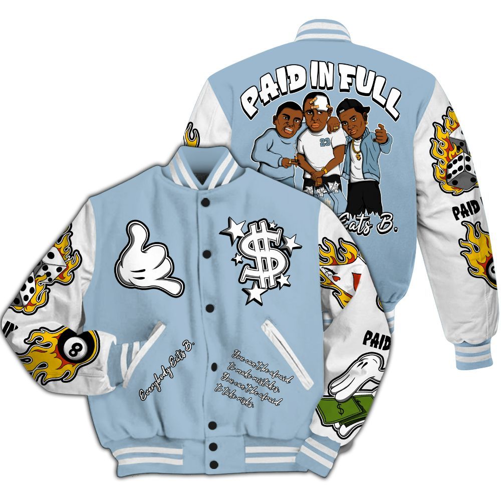Varsity Jacket To Match Mid Ice Blue 1s - Everybody Paid In Full Graphic All Over Print