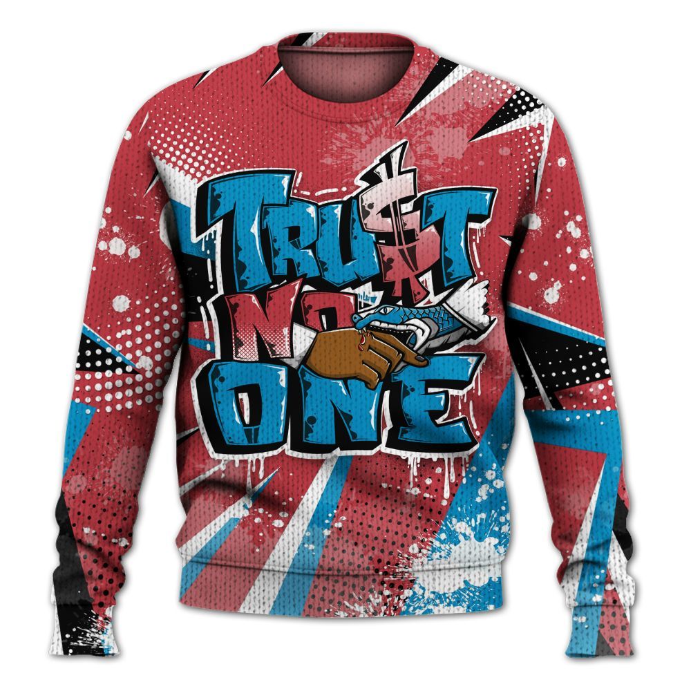 Knitted Sweater To Match High OG University Red Dark Powder Blue 1s - Poly Trust No One Dripping