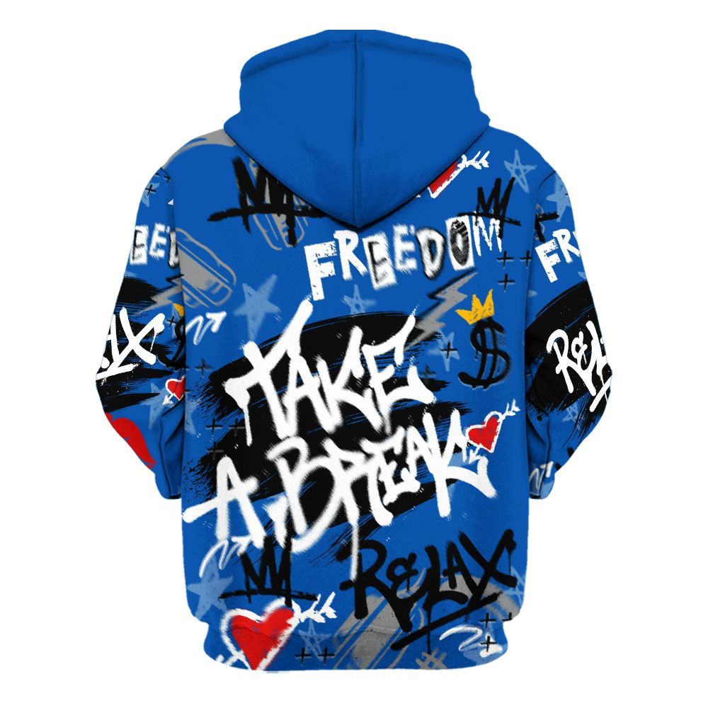 Hoodie To Match Racer Blue 5s - Take Break Freedom Graffiti Streetwear All Over Print
