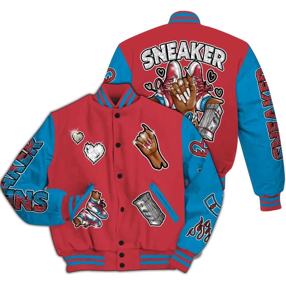 Varsity Jacket To Match High OG University Red Dark Powder Blue 1s - Sneakerz Girlz All Over Print