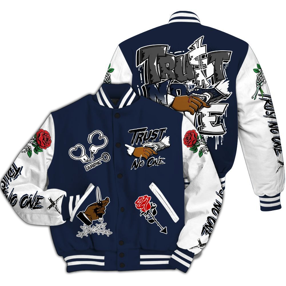 Varsity Jacket To Match Dunk Low White Midnight Navy - Trust No One Dripping All Over Print