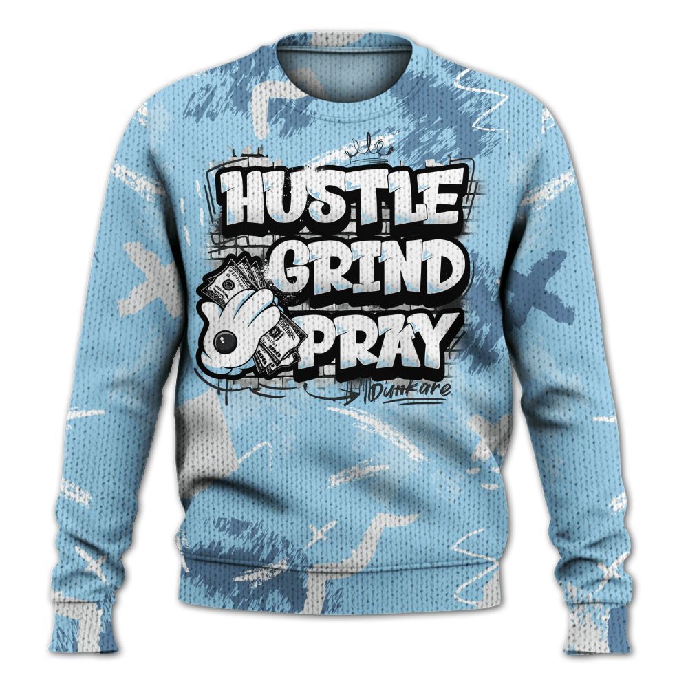 Knitted Sweater To Match Legend Blue 11s - Hustle Grind Pray Retro