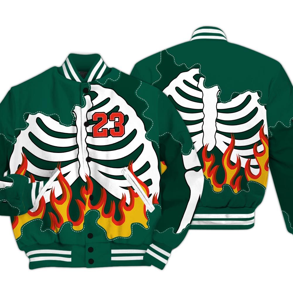 Varsity Jacket To Match Oxidized Green 4s - Number 23 Skeleton Flame Baseball Varsity Jacket
