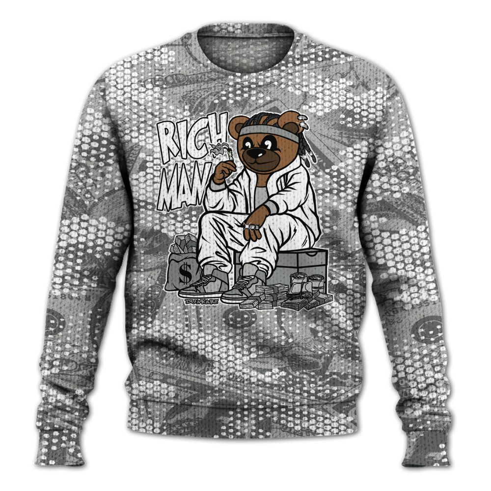 Knitted Sweater To Match Paris Cement Grey 4s - Rich Man Bear Banknotes Art