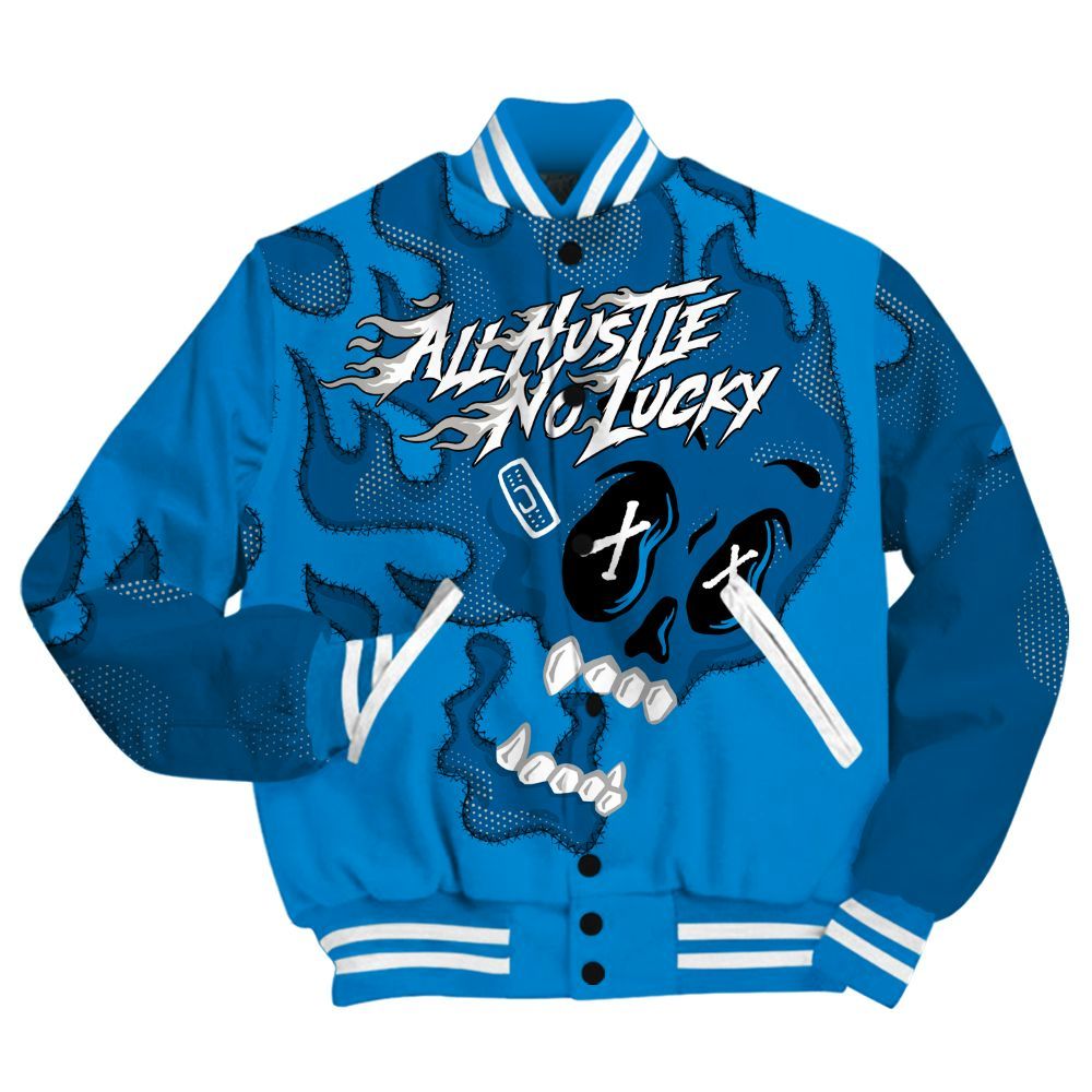 Varsity Jacket To Match Industrial Blue 4s Shirt, All Hustle No Lucky Skull Military Blue 4s All Over Print