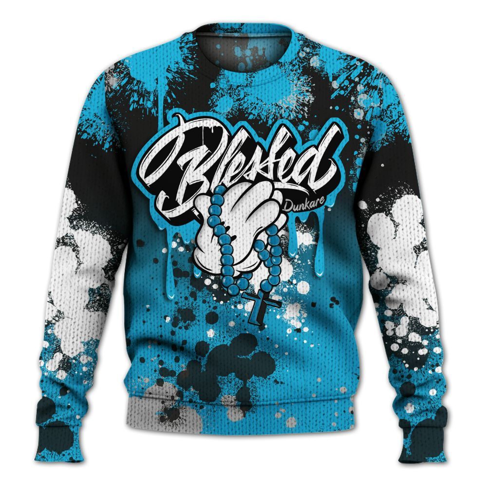 Sweater To Match Black University Blue 2026 14s - God Blessed Ink Drip Graphic