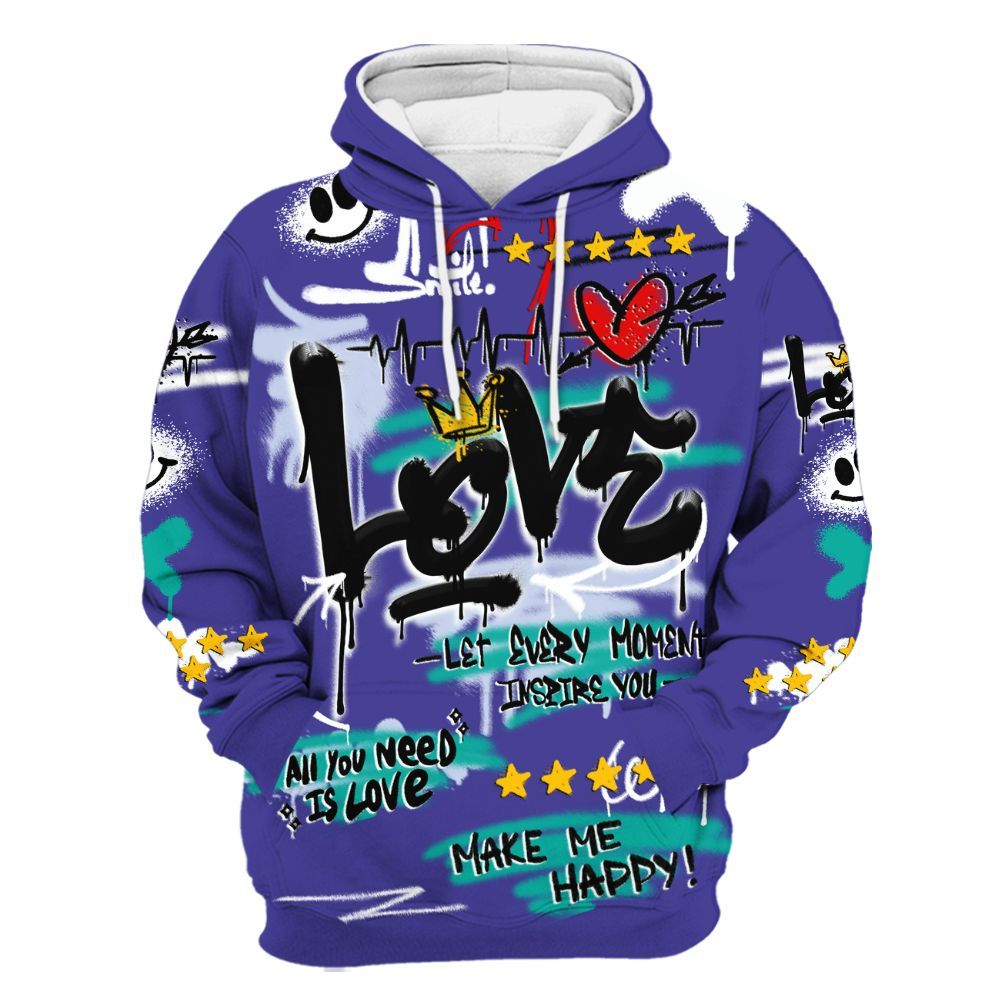 Hoodie To Match Retro Grape 5s - Happy Love Beats Graffiti All Over Print