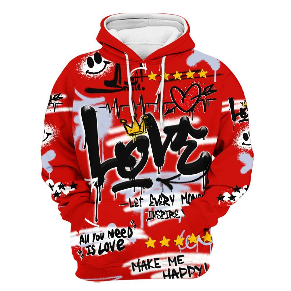 Hoodie To Match Fire Red 6s - Happy Love Beats Graffiti Streetwear All Over Print