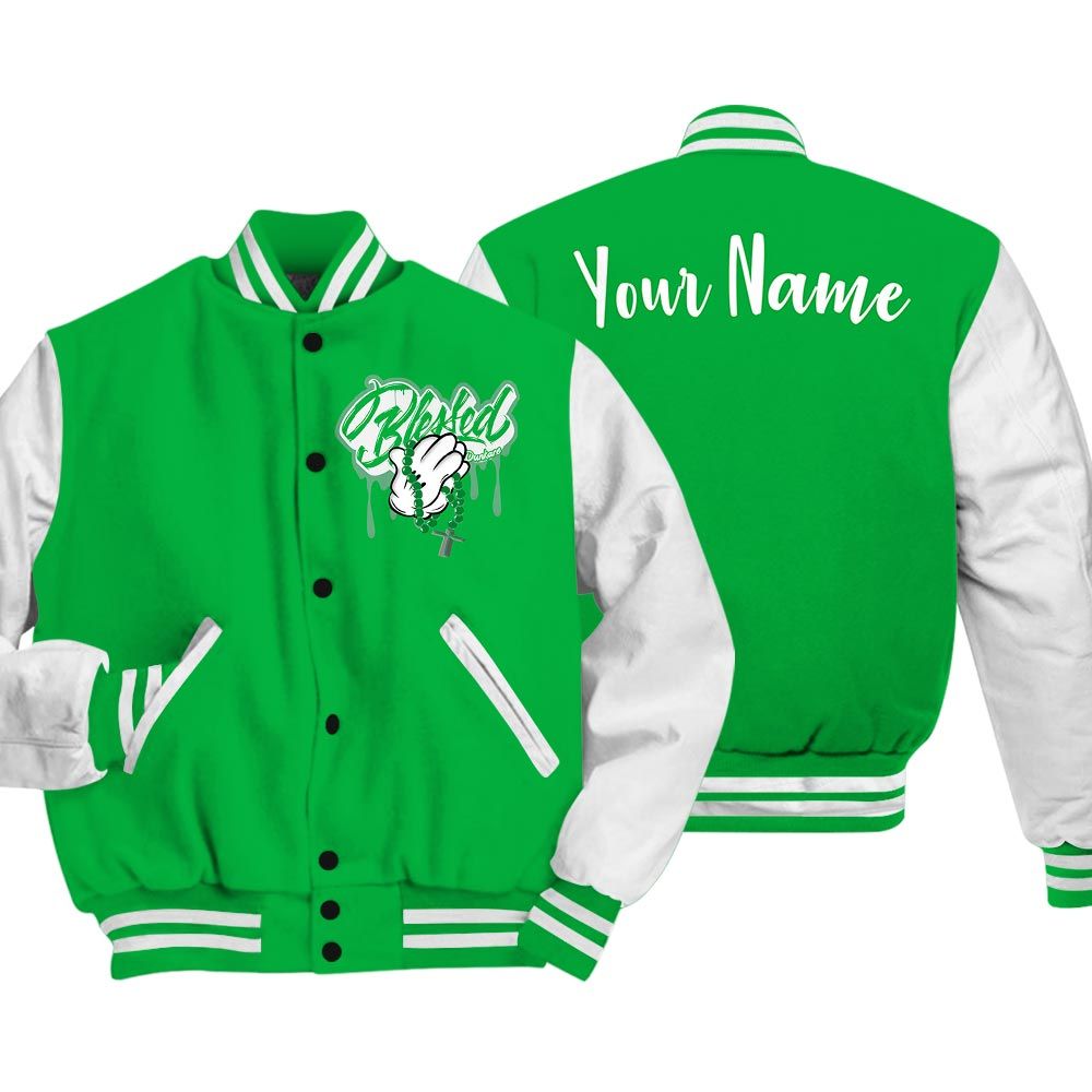 Varsity Jacket To Match Varsity Streetwear Custom Name God Blessed Drip, Lucky Green 5s T-Shirt, To Sneaker Lucky Green 5s Baseball Varsity Jacket 1704 NCT
