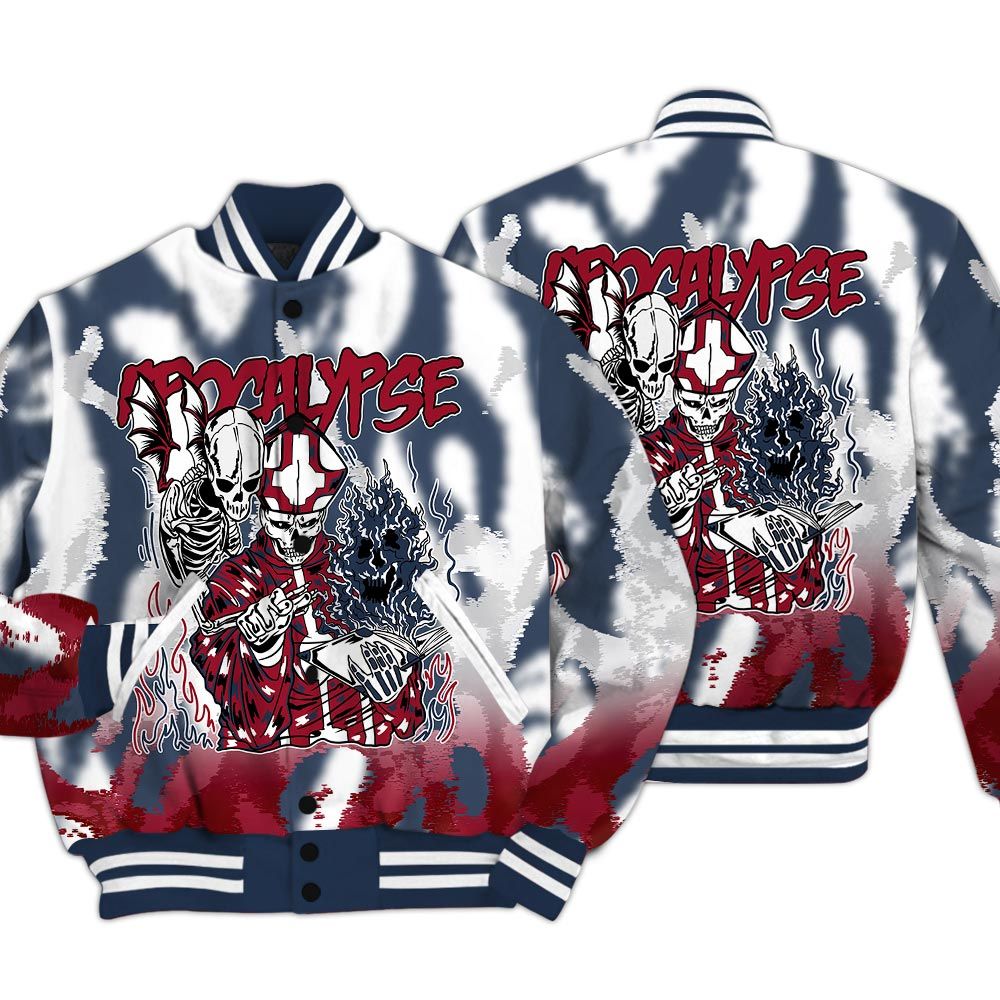 Varsity Jacket To Match Navy Blue 2024 6s - Apocalypse Skeleton Burn Varsity Jacket Unisex