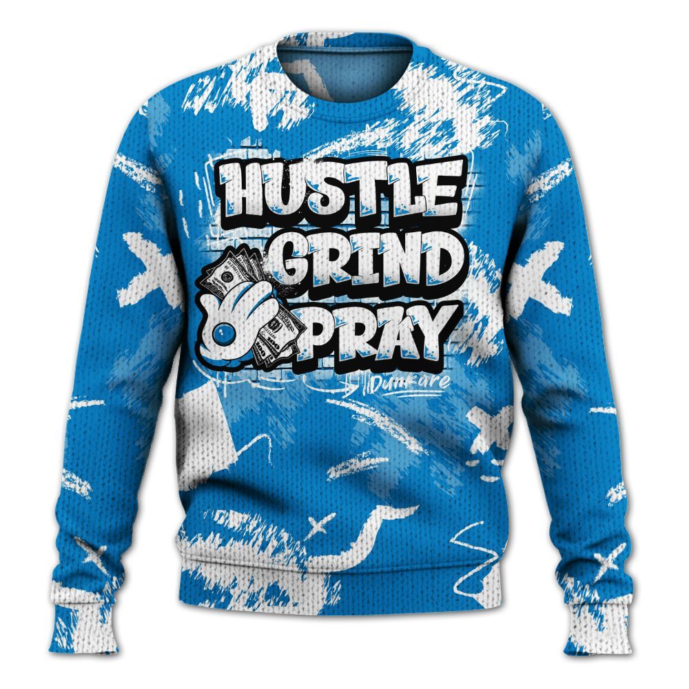 Knitted Sweater To Match Industrial Blue 4s - Hustle Grind Pray Retro Military Blue 4s Outfit