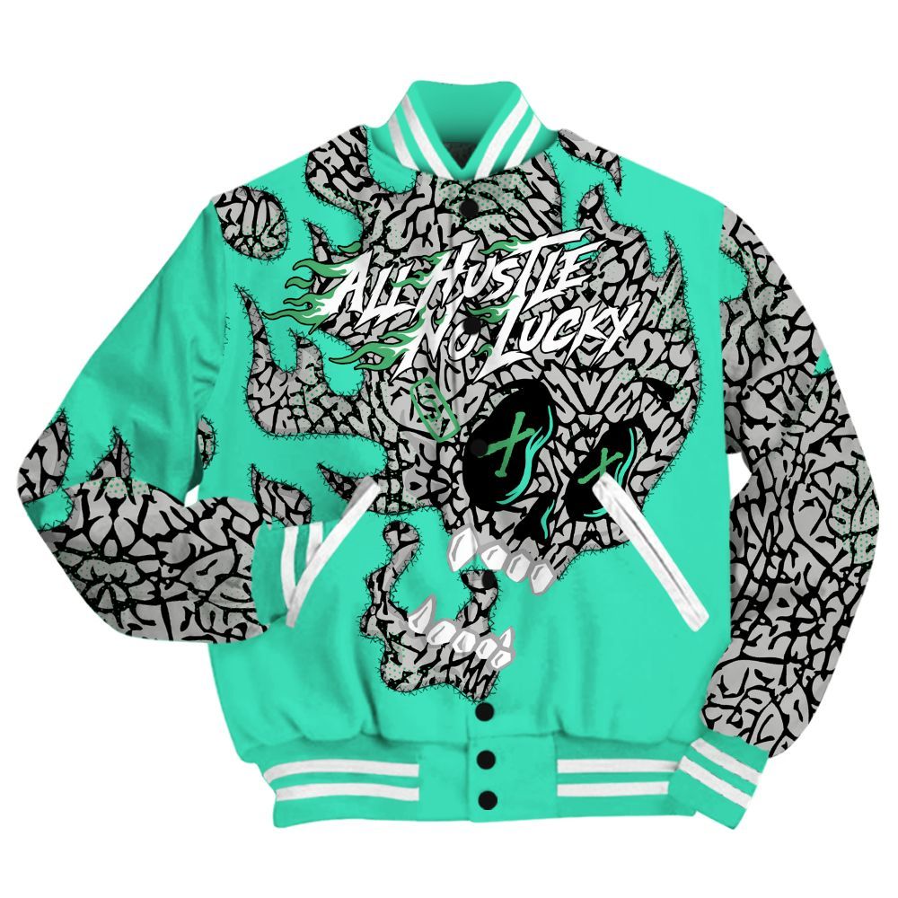 Varsity Jacket To Match Black Green Glow 3s Shirt, All Hustle No Lucky Skull Green Glow 3s All Over Print