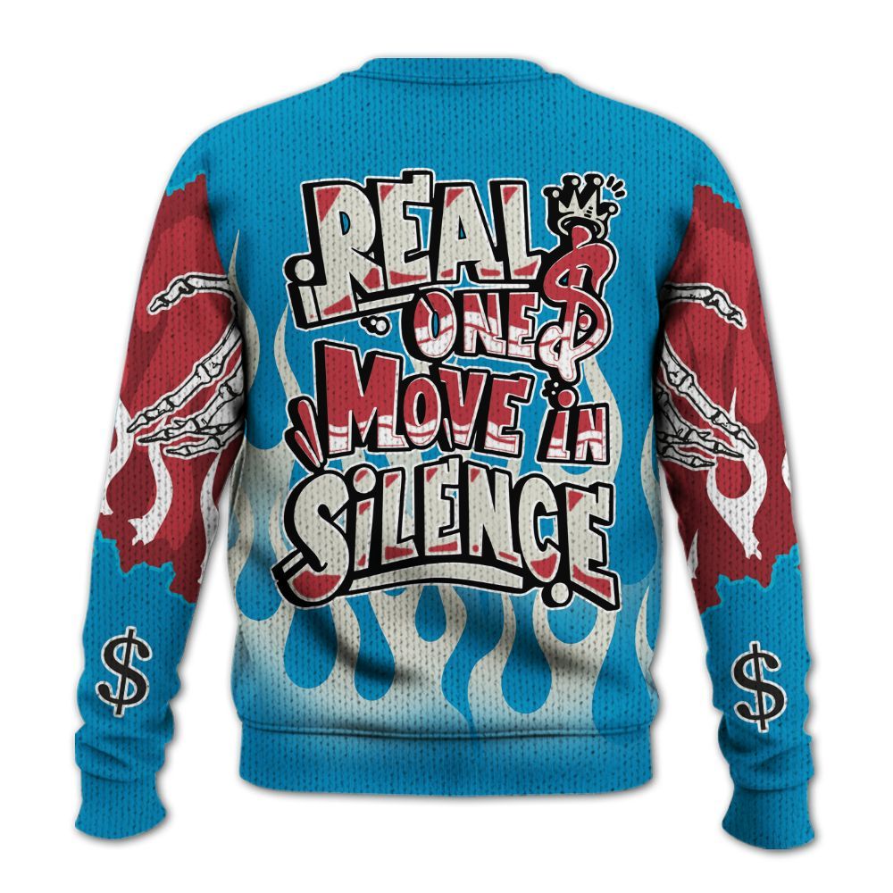 Knitted Sweater To Match High OG University Red Dark Powder Blue 1s - Ones Move In Silence Graphic Trapped