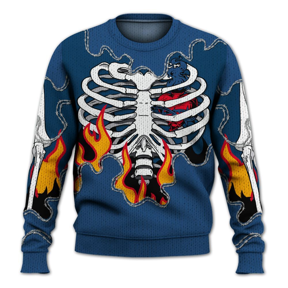 Knitted Sweater To Match High OG Midnight Navy 1s - Skeleton Heart On Fire