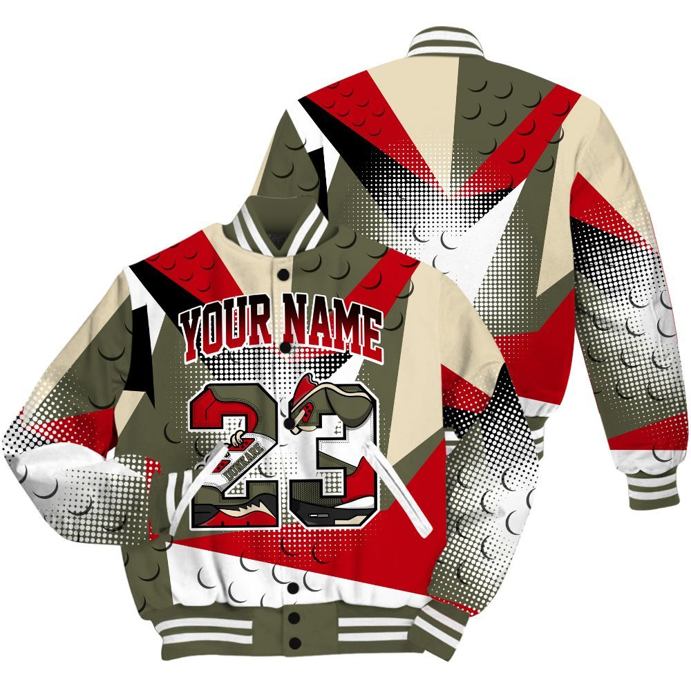 Varsity Jacket To Match Low OG Medium Olive 1s Shirt, Poly Custom Name Number 23 5s All Over Print