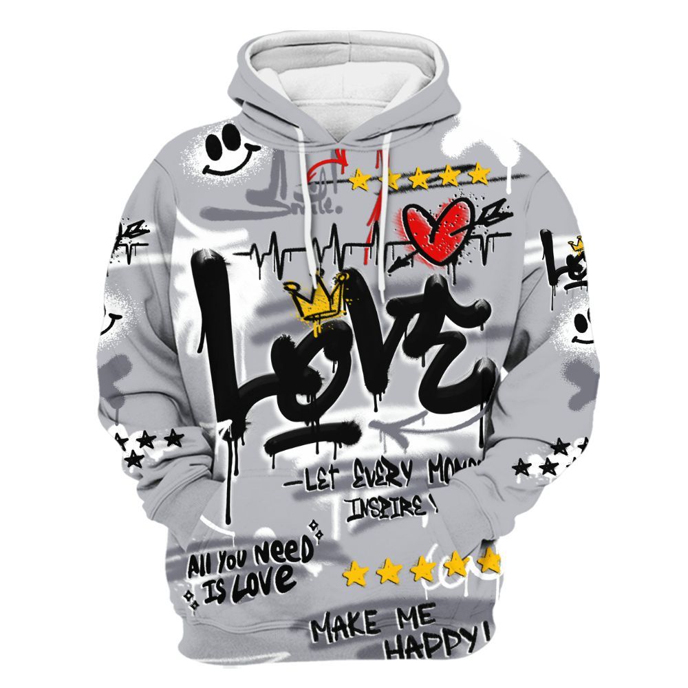Hoodie To Match Low Cement Grey 11s - Happy Love Beats Graffiti Streetwear All Over Print