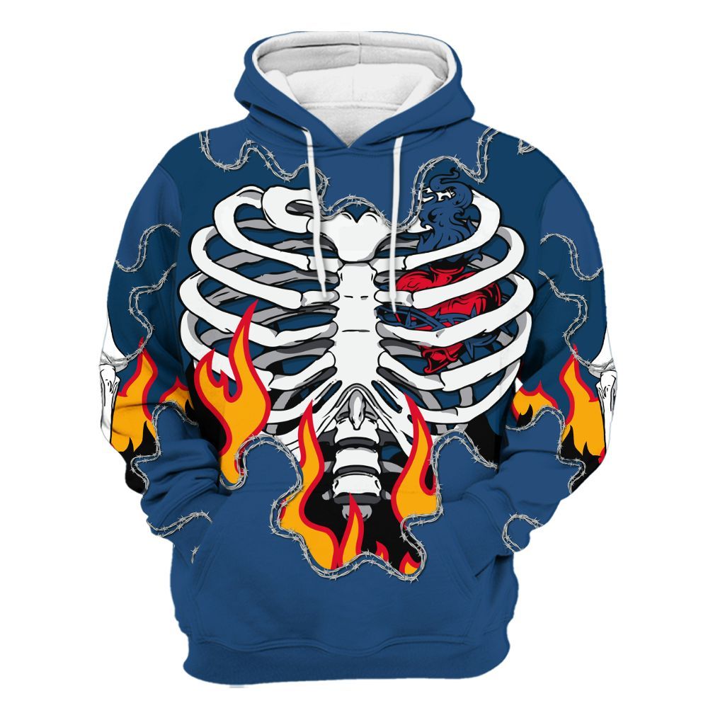 Hoodie To Match High OG Midnight Navy 1s - Skeleton Heart On Fire All Over Print