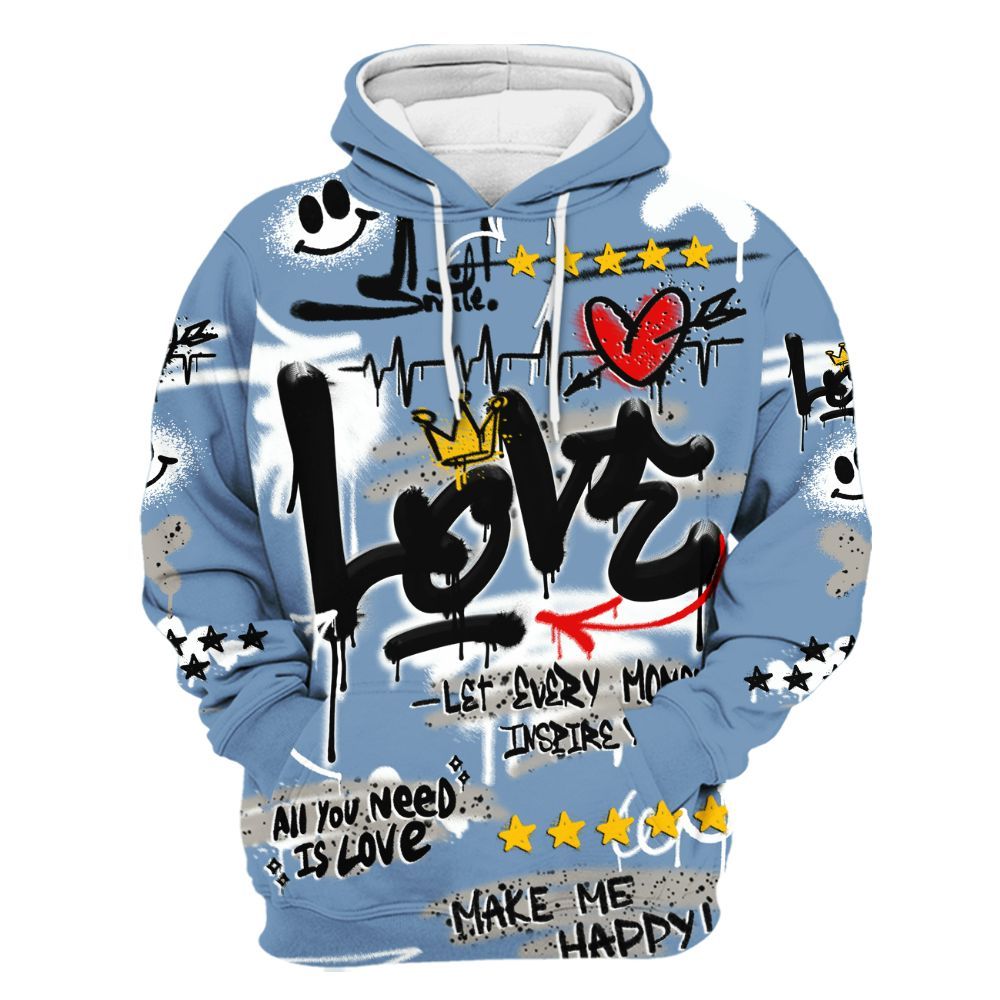 Hoodie To Match University Blue 4s - Happy Love Beats Graffiti Streetwear All Over Print