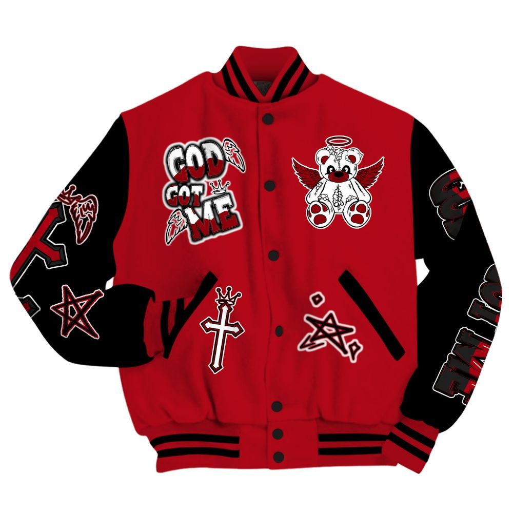 Varsity Jacket To Match Bred Velvet 11s - Gods Guides Me Bear All Over Print