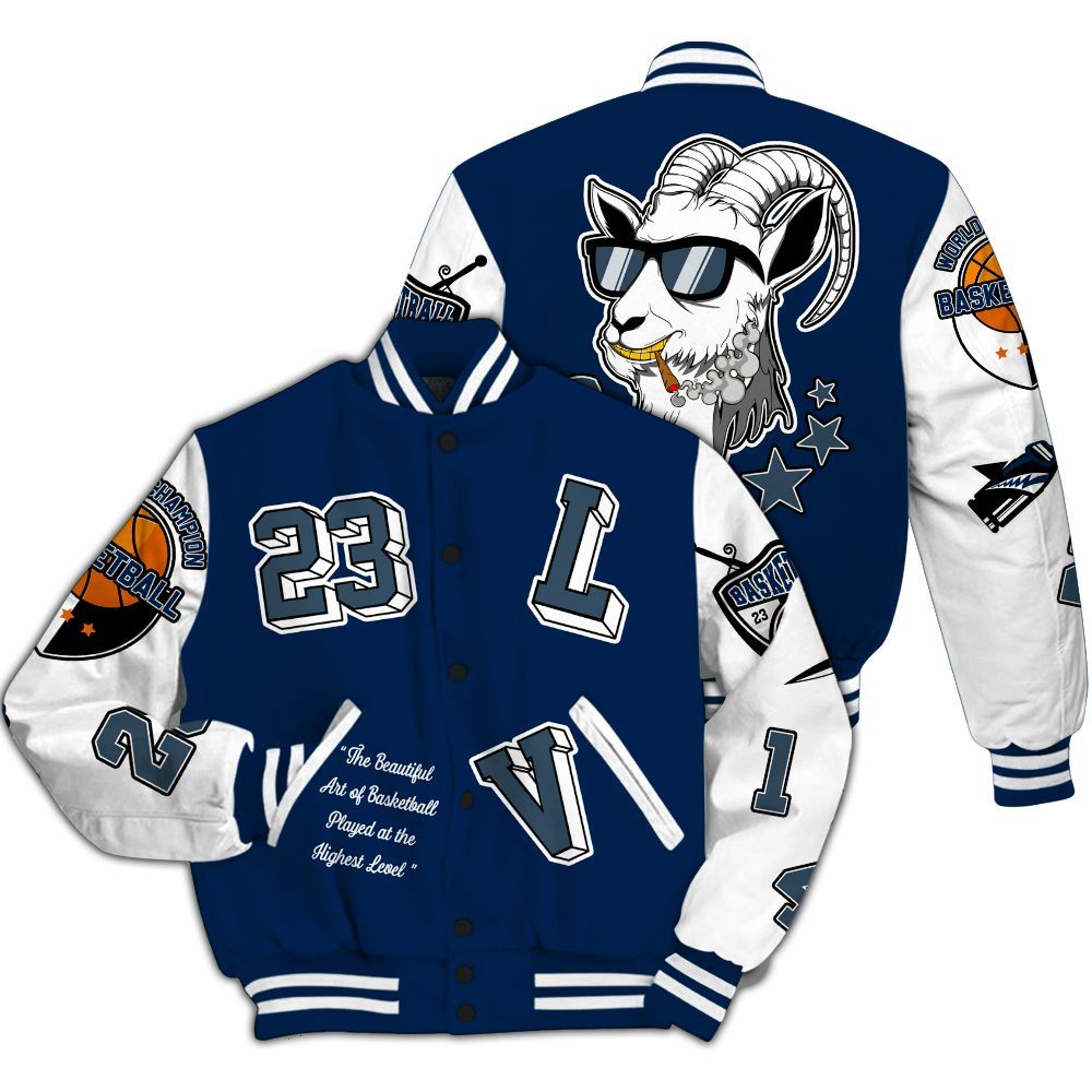 Varsity Jacket To Match SB White Navy 4s - The GOAT Got Em Retro Graphic All Over Print