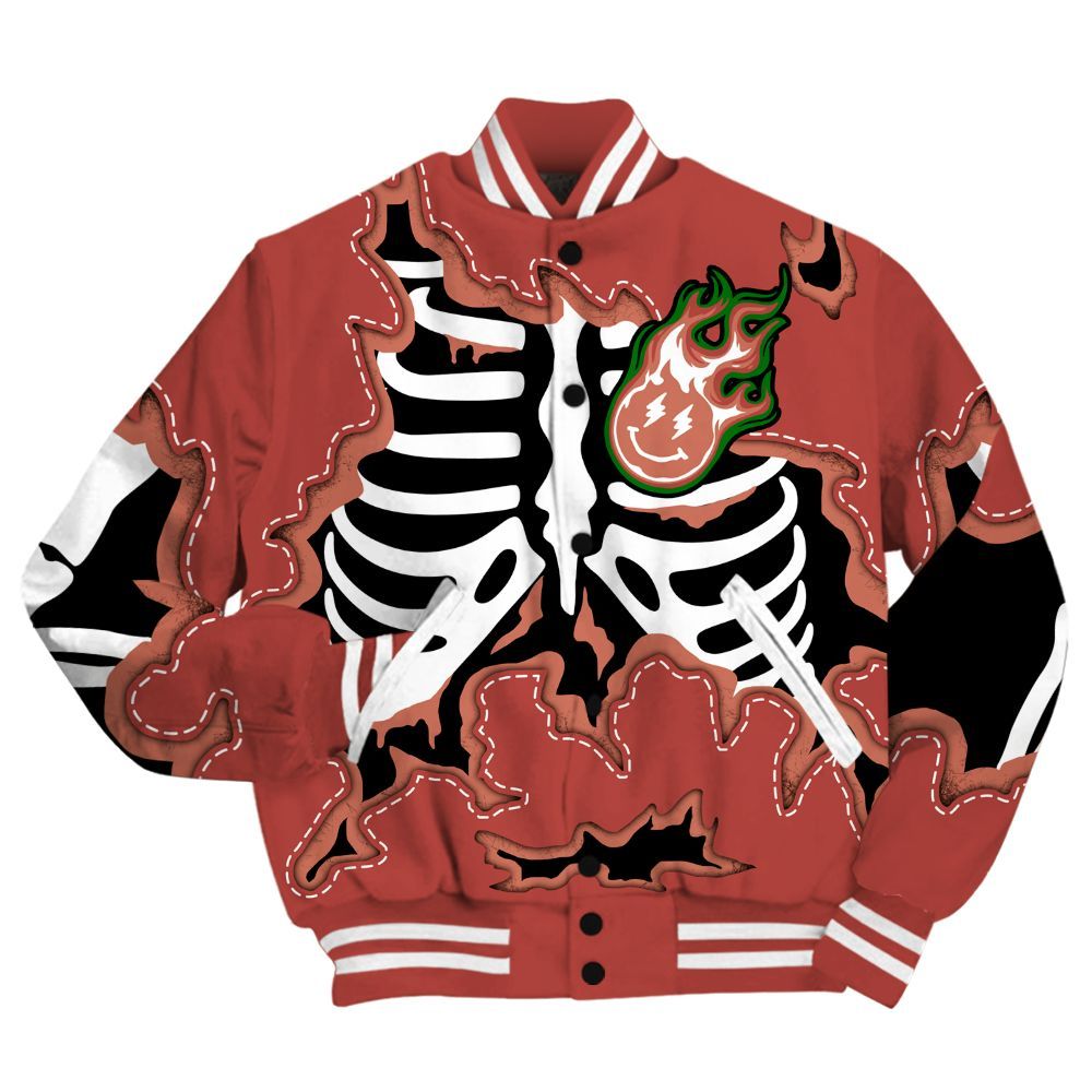 Varsity Jacket To Match Dune Red 13s Shirt, Skeleton Smiley Face All Over Print