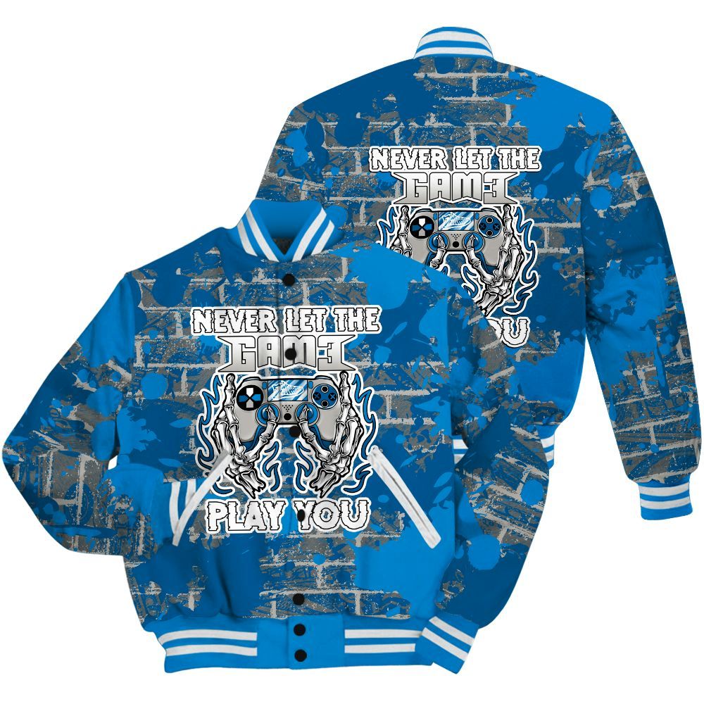 Varsity Jacket To Match Industrial Blue 4s Shirt - PlayGame Skull Brick All Over Print