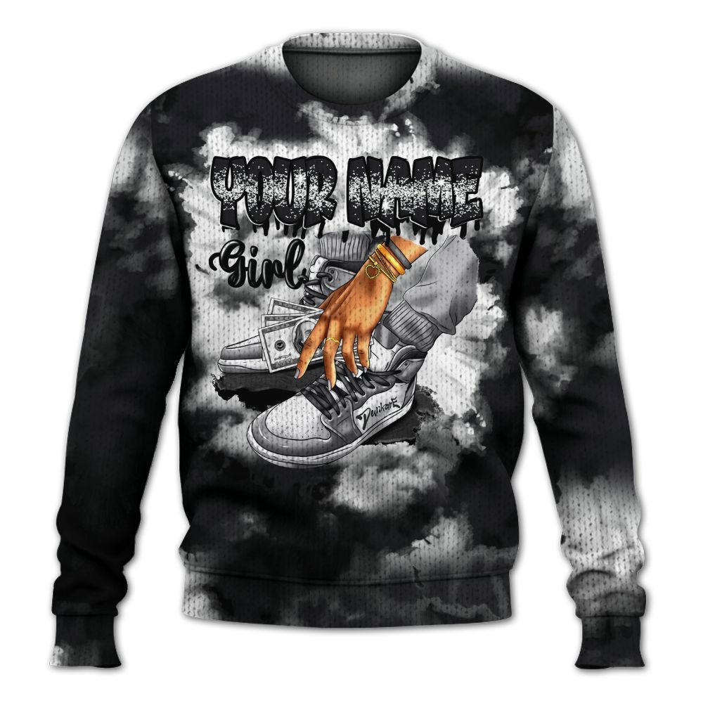 Knitted Sweater To Match White Thunder 4s - Custom Name SNEAKER Girl Money Drip Tie Dye
