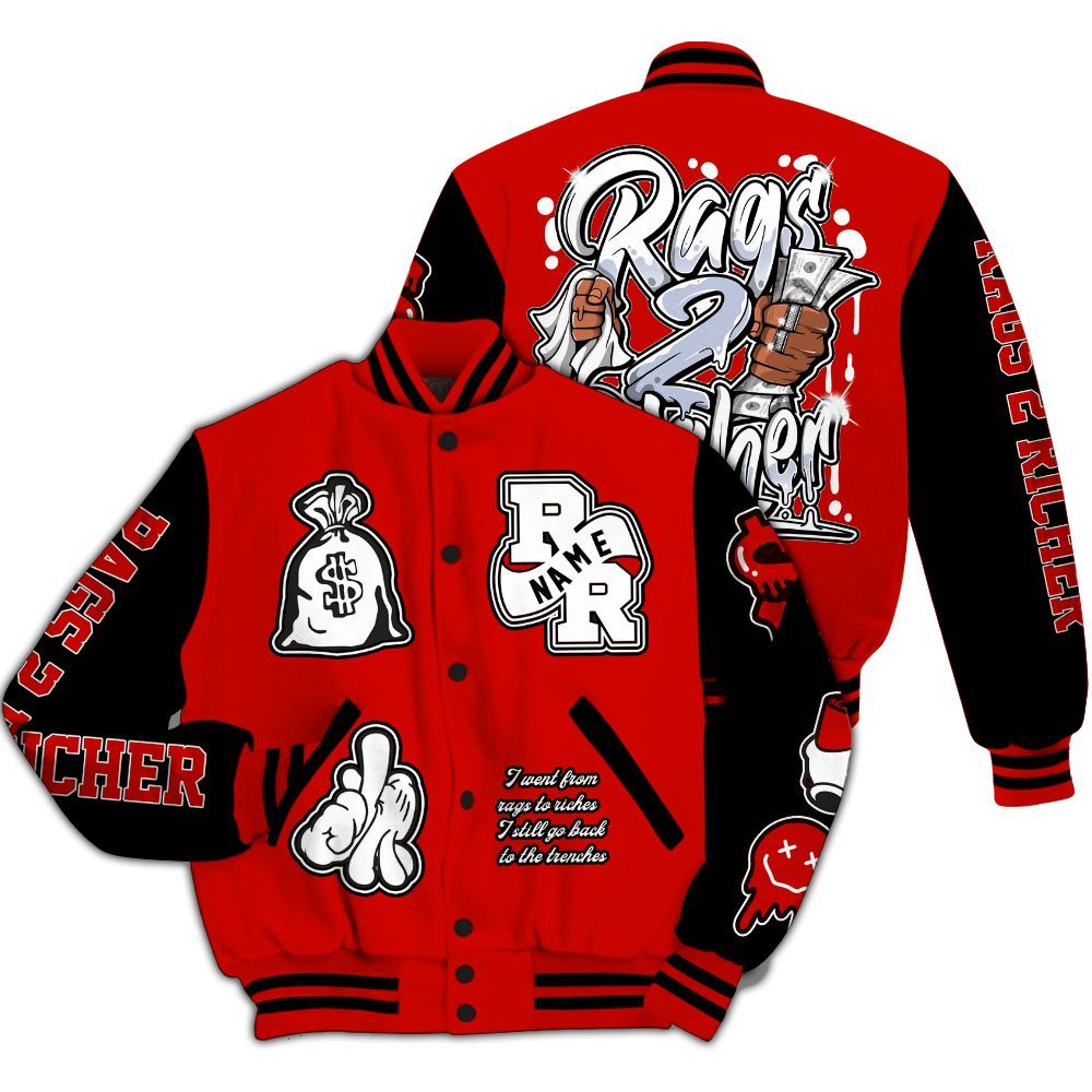 Varsity Jacket To Match Fire Red 6s - Rag 2 Rich Graphic Custom Name All Over Print