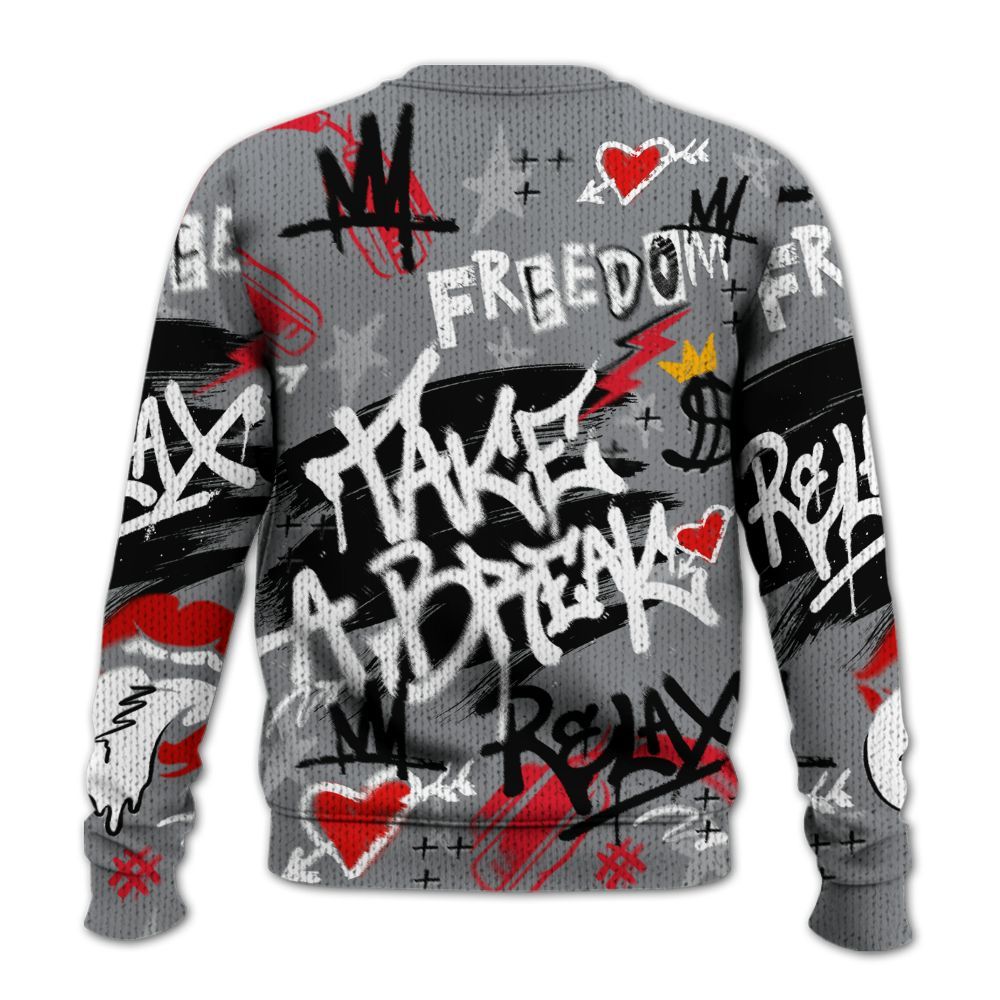 Knitted Sweater To Match Black Cement 3s - Take Break Freedom Graffiti Streetwear