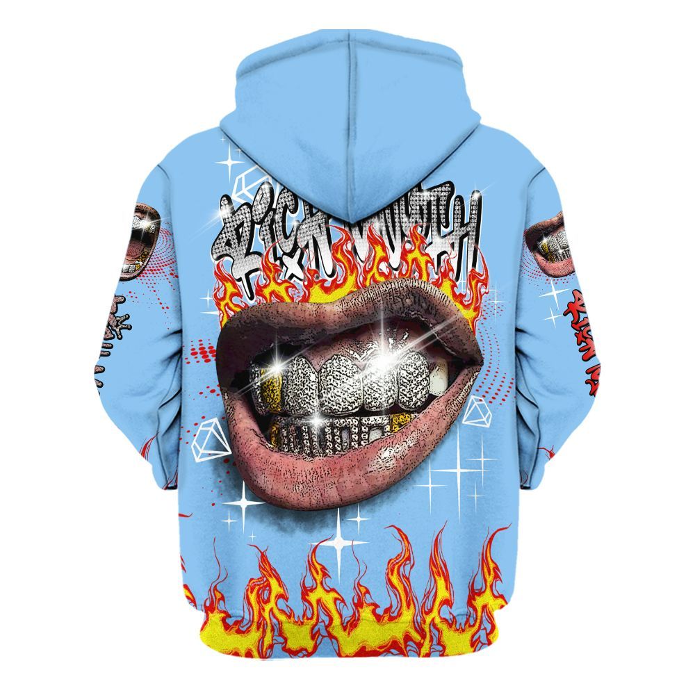 Hoodie To Match University Blue 5s - Rich Mouth Fire Rap Retro 90s All Over Print