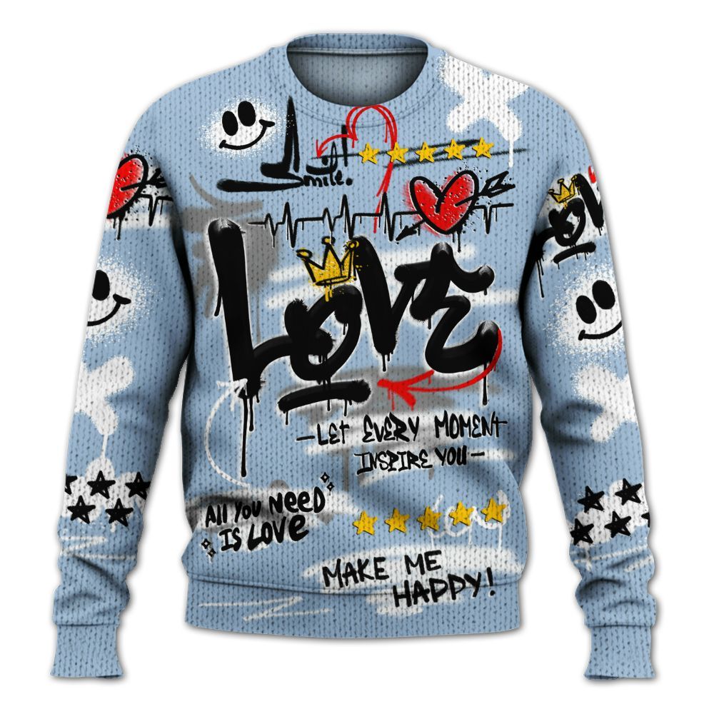 Knitted Sweater To Match High University Blue 1s - Happy Love Beats Graffiti Streetwear